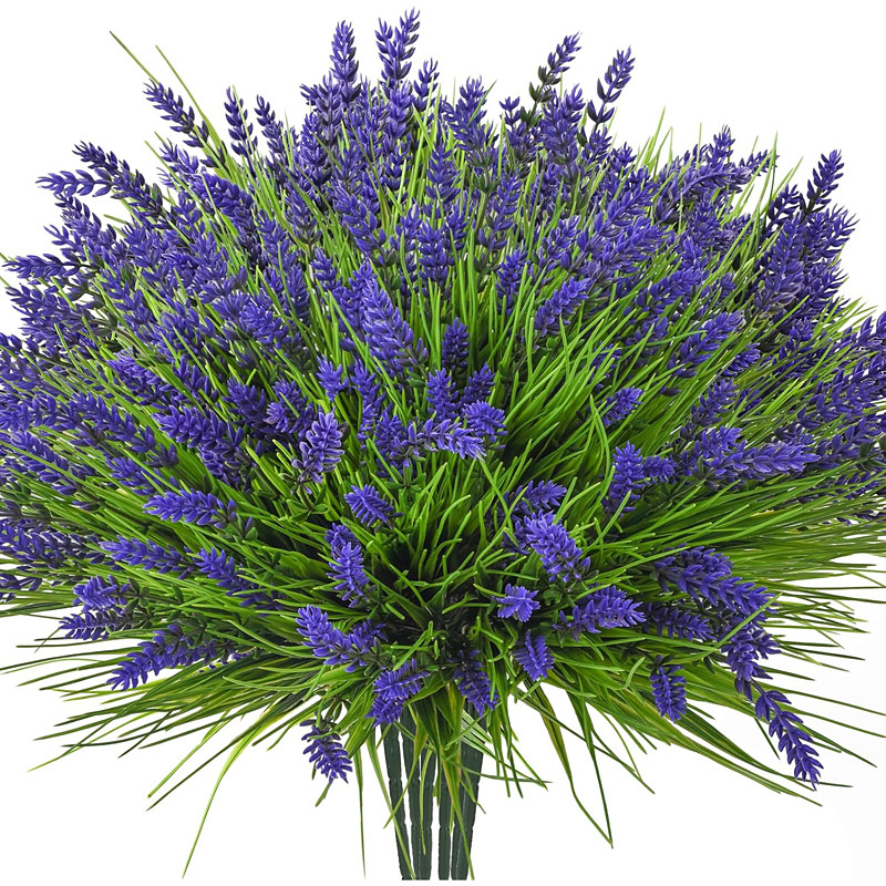 8 Bundles Artificial Plants Outdoor, UV Resistant Fake Flowers, Realistic Faux Lavender Shrubs for Porch Garden Window Box Home Decoration