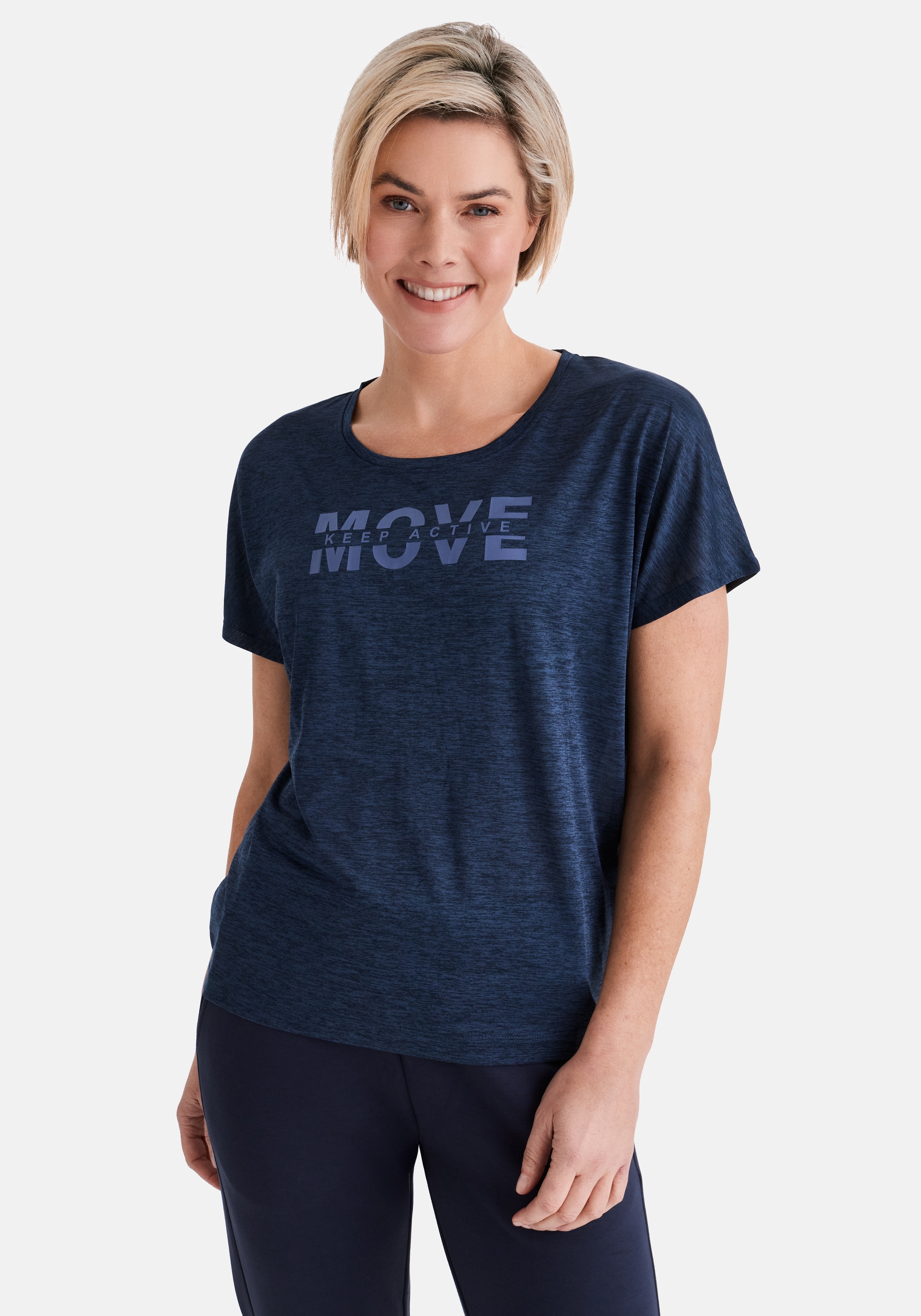 T-Shirt STOOKER WOMEN "CARLY Sport T-Shirt", Damen, Gr. 40/42, navy meliert, Feinstrick, 100% Polyester, loose fit, Rundhals, Shirts T-Shirt, Sport T-Shirt kurzarm für Damen