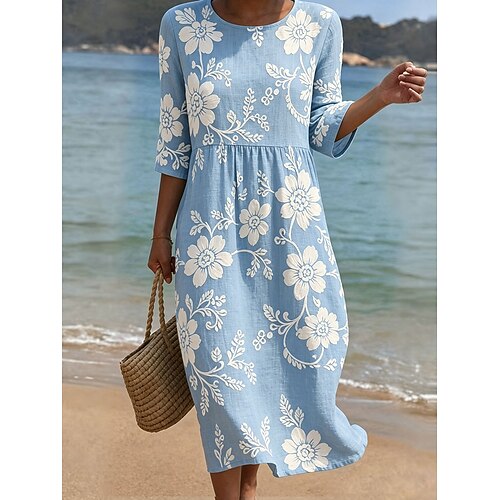 Damen Midikleid Sommerkleid Urlaub Lässig Boho Ferien Normale Passform Blumen Grafik Dreiviertelarm Rundhalsausschnitt Blau Rosa Purpur Grün Sommer Frühling