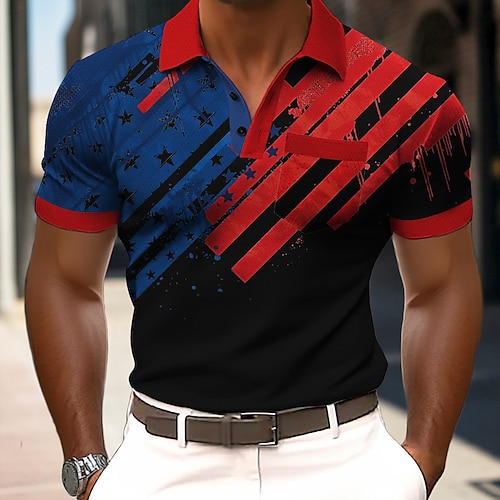 4. Juli 2026 250. Herren Amerikanische US-Flagge Poloshirts Kurzarm Polo-Shirts Hemden mit Kragen Lässig Outdoor Athleisure Alltagskleidung 3D-Druck Knöpfe Frühling Sommer Blau Rote Grau Image