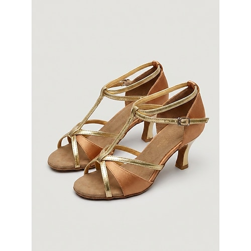 Professionelle lateinamerikanische Tanzschuhe für Damen – rot goldener Satin-Mittelabsatz Image