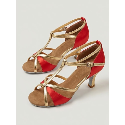 Professionelle lateinamerikanische Tanzschuhe für Damen – rot goldener Satin-Mittelabsatz Image