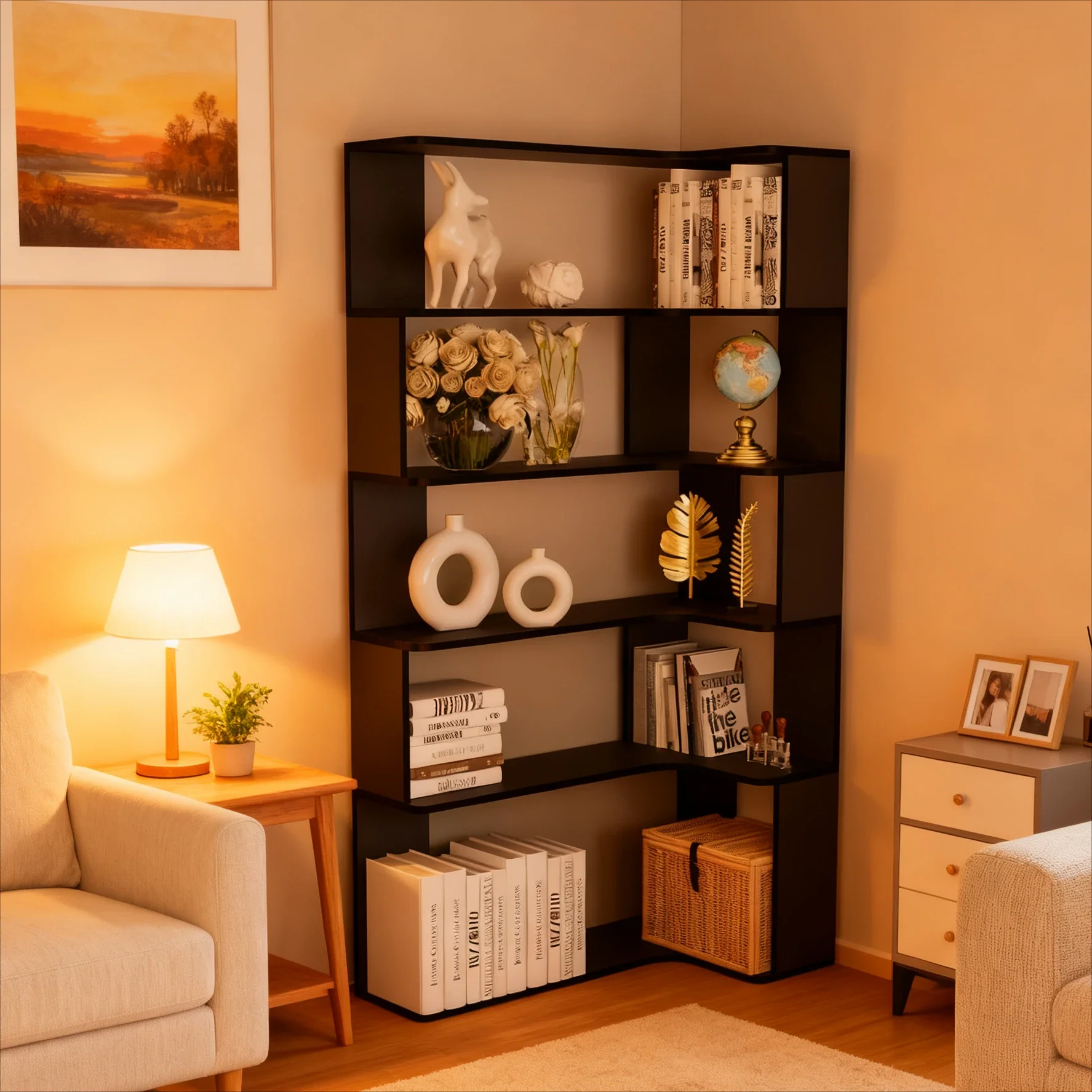 Vertikales drehbares Vintage-Bücherregal für Wohnzimmer, Arbeitszimmer, Zuhause, Eck-Bücherregal, Licht, multifunktionales Regal, Aufbewahrungsmöbel