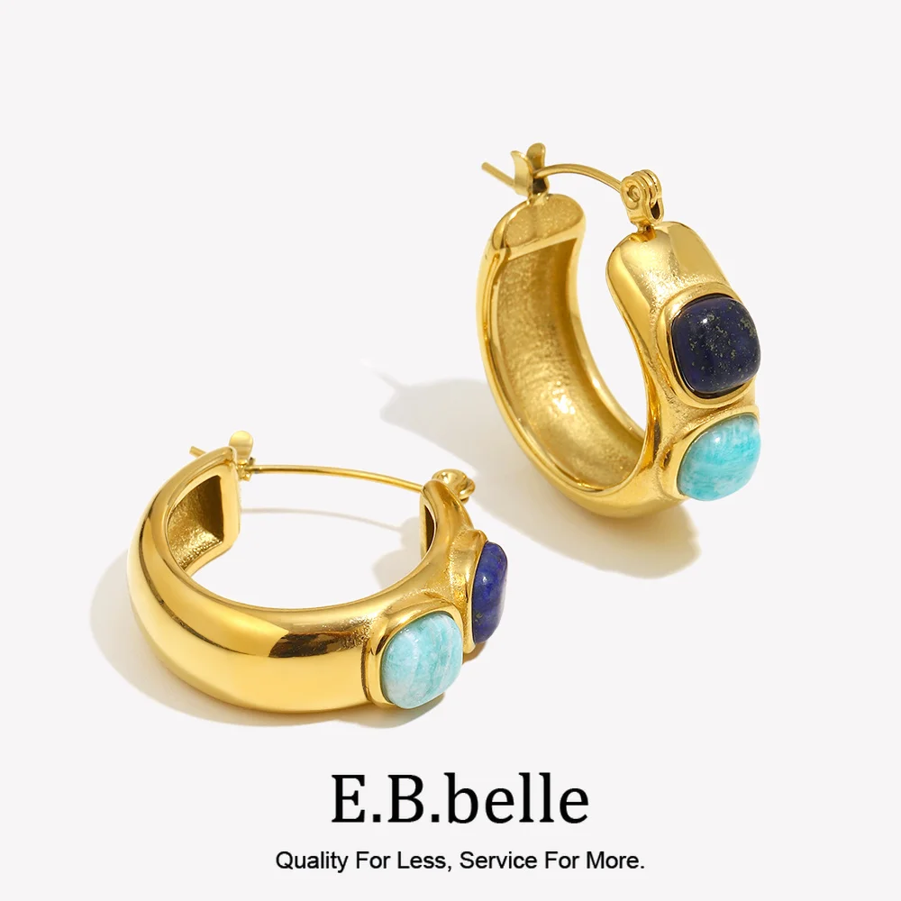 E.B.belle Creolen aus rundem Lazurite-Türkis-Naturstein, Edelstahl, 18 Karat vergoldet, wasserdicht, modischer Ohrschmuck