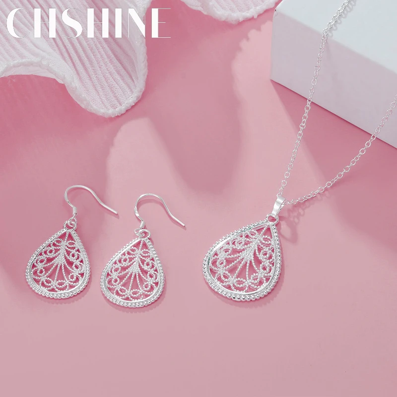 Feines 925er-Sterlingsilber, elegantes Wassertropfen-Muster, Anhänger, Halskette, Ohrring für Damen, Luxus-Mode, Party, Hochzeit, Schmucksets Image