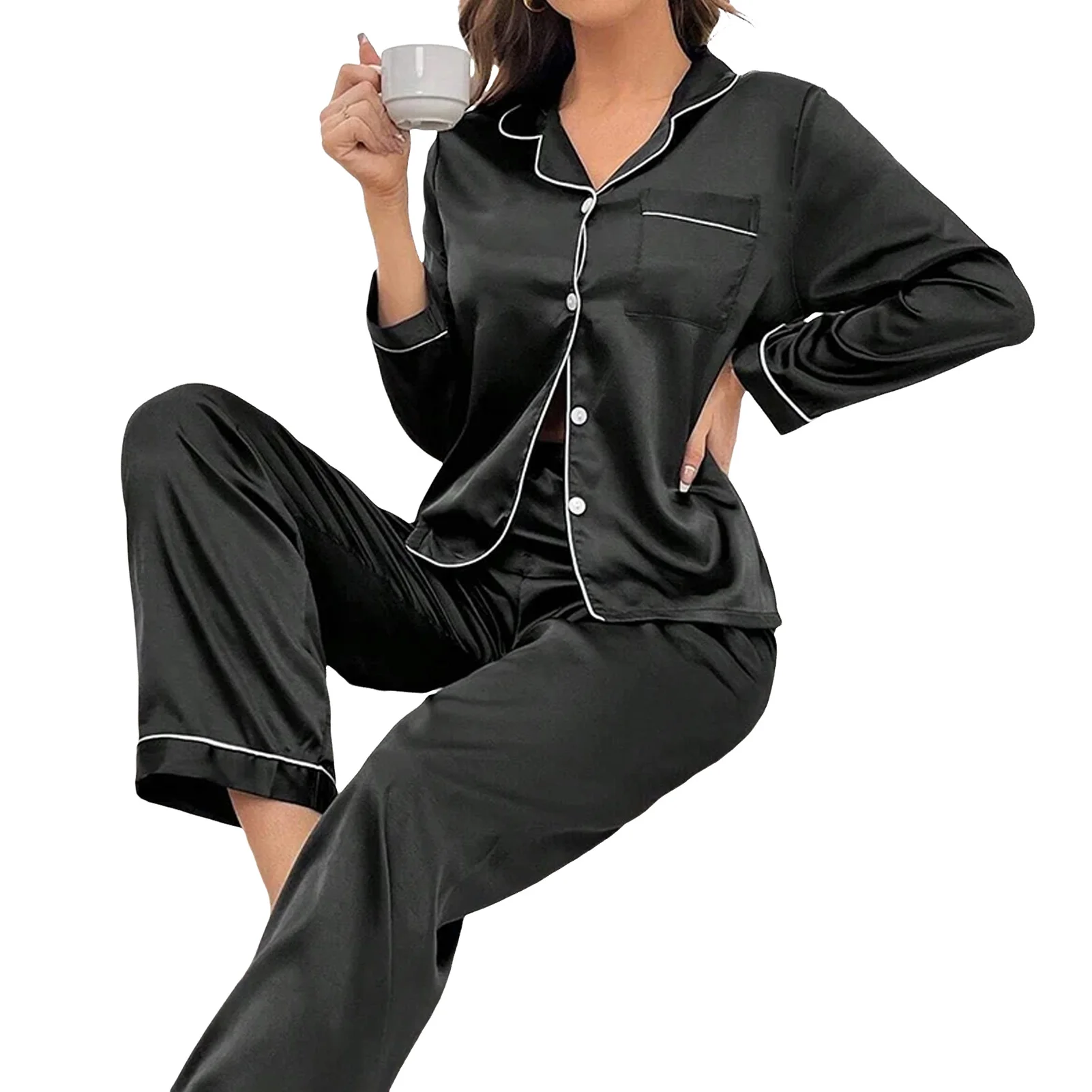 Paar Pyjama-Sets für Herren Pyjama Lounge wear Langarm Schlaf größe Hose Satin Pyjama Nachtwäsche Liebhaber Seide Pyjama Image
