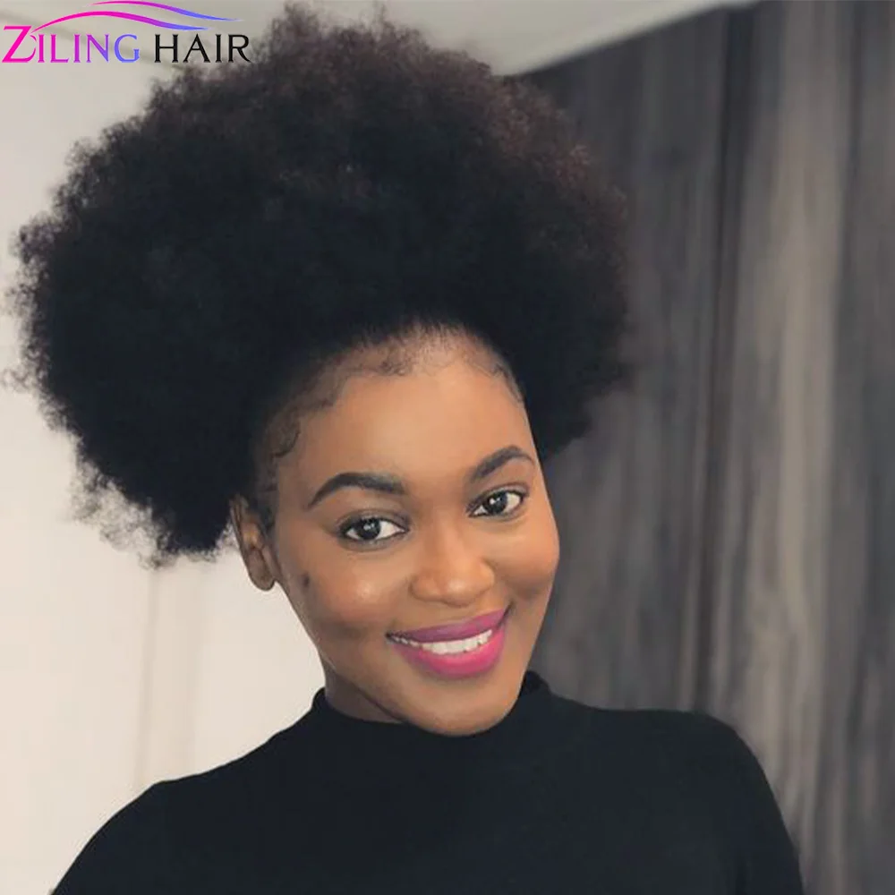 Afro-Knoten für verworrenes lockiges Haar, 25,4 cm, echtes menschliches Haar, Afro-Kordelzug-Pferdeschwanz mit Clips, Erweiterung, natürliche Farbe für Frauen Image