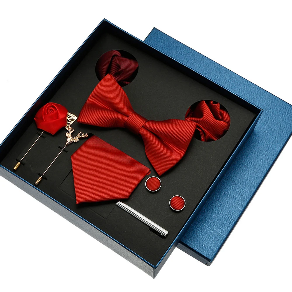 Schlichtes Krawatten-Set für Männer, einfarbig, Krawatte, Einstecktuch, Brosche, Geschenkbox für Hochzeit, Business, Luxus, 8-teiliges Herren-Geschenk, Gravatas Image