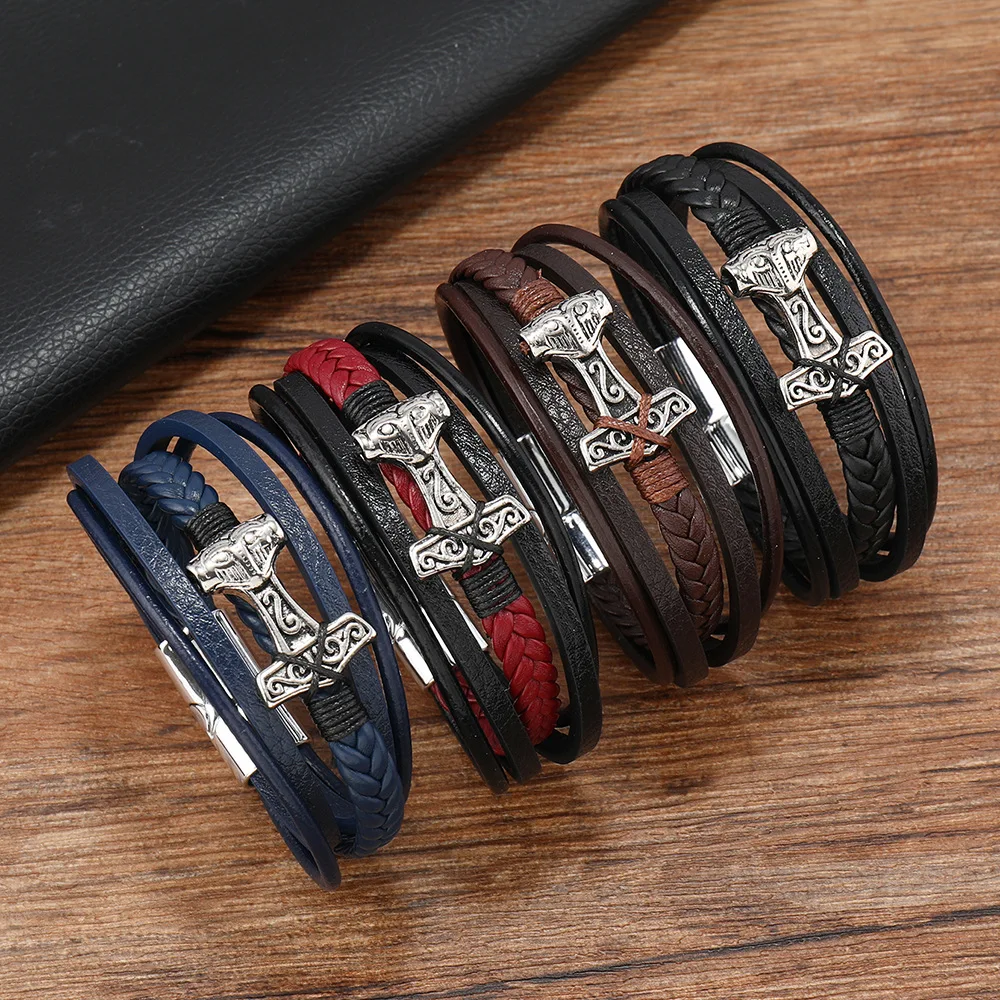 Trendige, neu in Edelstahl-Lederarmbändern für Herren, modische, mehrschichtige Vintage-Wikinger-Armbänder aus geflochtenem Leder für Herren, Geschenke Image