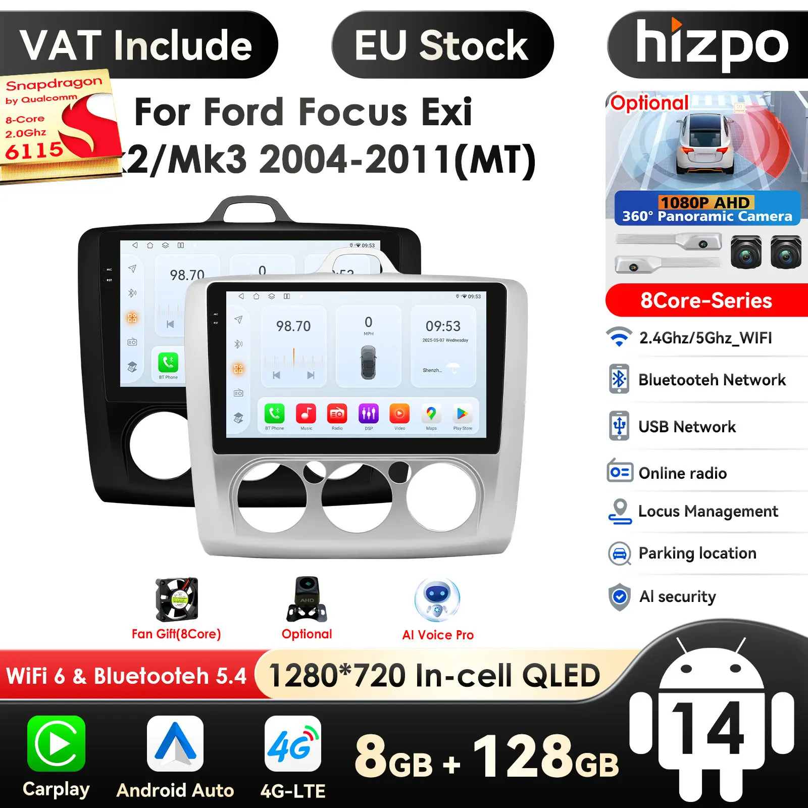 Smart QLED Bildschirm Android 14 Carplay Auto Radio Für Ford Focus 2 3 Mk2 Mk3 2004-2011 Carplay auto Multimedia GPS 2Din Autoradio Image