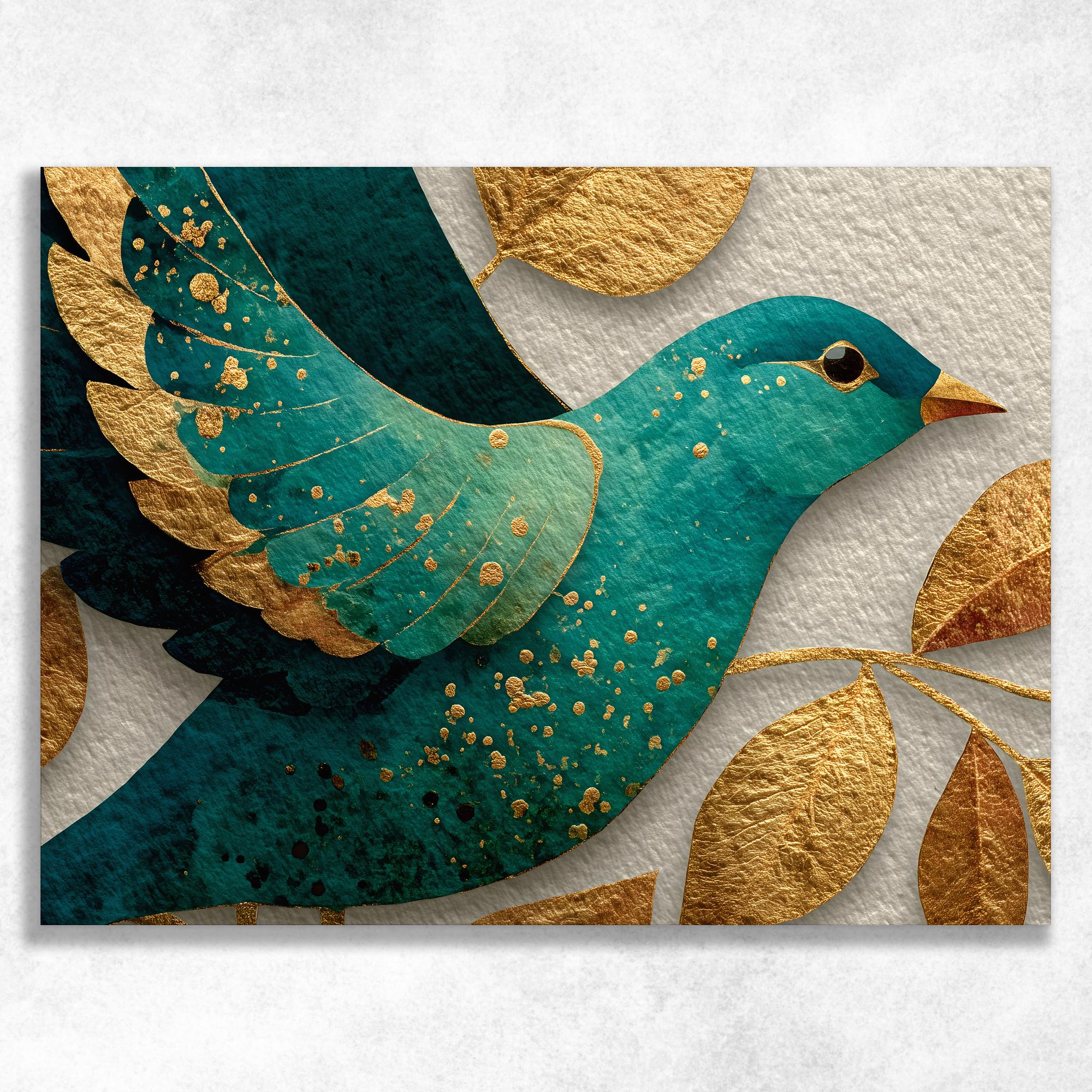 Arte murale su tela con colomba colorata - Uccello verde acqua, foglia d'oro, ramo d'ulivo, stampa cristiana, moderna, minimalista, decorazione natura