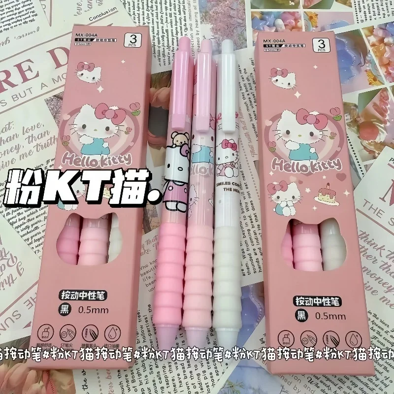 3 Stück/Box. Niedlicher, schnell trocknender Hello-Kitty-Rollerball-Stift, hochwertig, leicht zu schreiben, 0,5 mm, glatter Stift, schwarzes Schreibwaren-Set, Kawaii