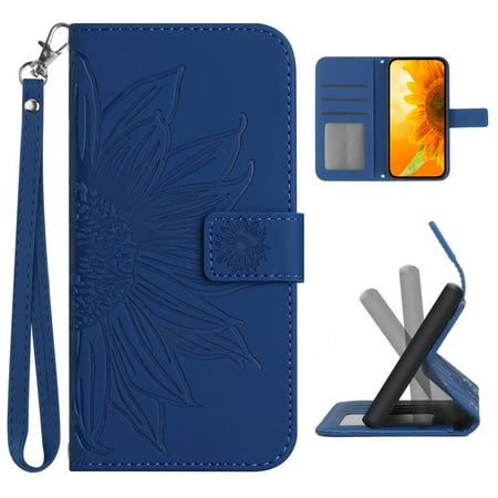 Cowithday Flip Wallet Cover Case for Google Pixel 7 Pro Phone Pixel 7 Pro 5G Cases for Cell Phones PU Leather Embossed Sunflower Shockproof Slim Case for Google Pixel 7 Pro 5G 6.7 inch Deep Blue
