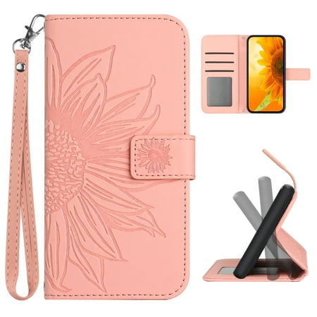 Cowithday Flip Wallet Cover Case for Google Pixel 7 Pro Phone Pixel 7 Pro 5G Cases for Cell Phones PU Leather Embossed Sunflower Shockproof Slim Case for Google Pixel 7 Pro 5G 6.7 inch Pink