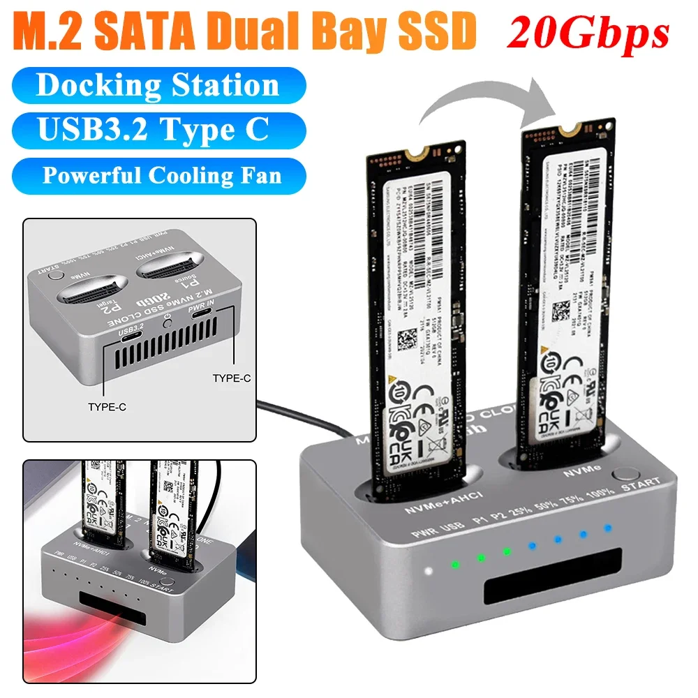NVME Dockingstation Dual-Bay M.2 NVME SSD Klon 20 Gbit/s USB 3.2 Typ C Externer Festplatten-State-Laufwerksleser für M2 SSD M Key PC Image