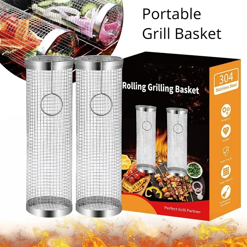 Edelstahl Grill Korb Tragbare Grill Käfig Roll Grillen Korb Nützliche BBQ Grill Korb Outdoor Grill Zubehör Image