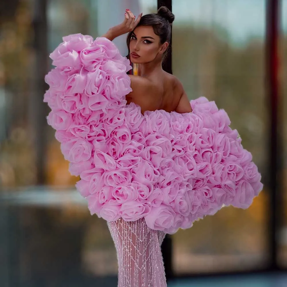 Rose Achselzucken Cape 3D Blumen Schal Rosa Organza Elegant Wrap Handgemacht 3D Blumen Bolero Maßgeschneiderte Abend Party Cape für Kleid