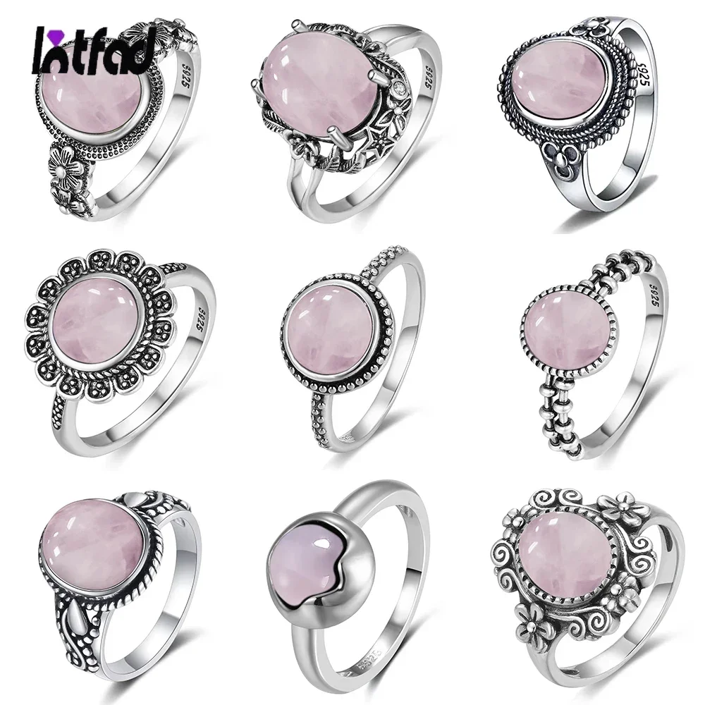 S925 Sterling Silber Ring für Damen Ovaler Runder Natürlicher Rosenquarz Ring Geschenk Sonnenförmig Retro Luxus Mode Feiner Schmuck Image