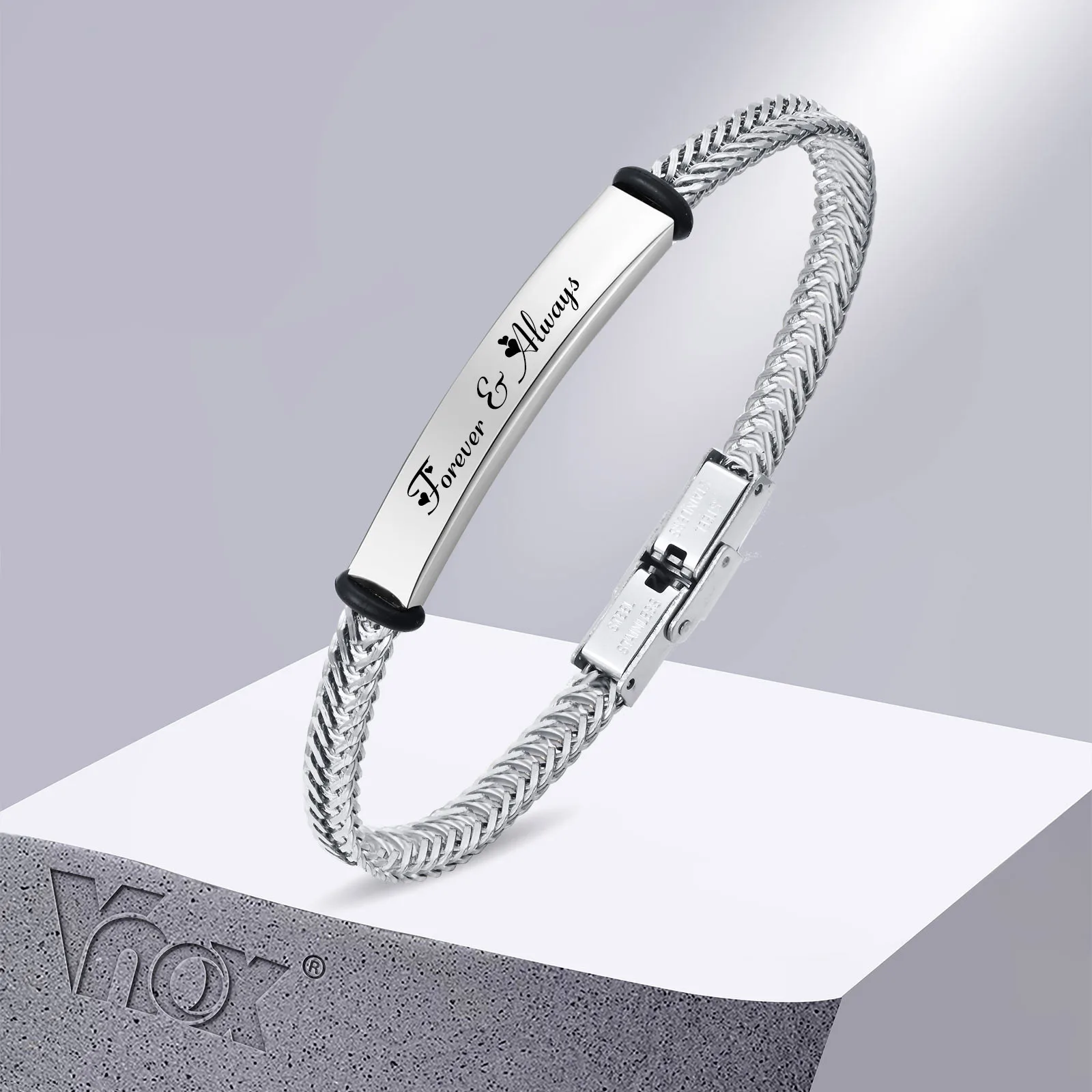 Vnox personalisierte Armbänder für Männer und Frauen, personalisierbarer 5,2 mm Unisex-Armreif mit Franco-Fuchsschwanz-Kette, Geschenk für ihn Image