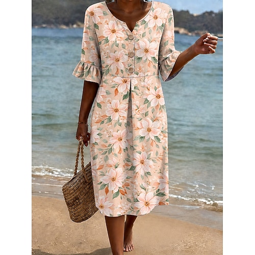 Damen Midikleid Sommerkleid Freizeitkleid A Linie Kleid Elegant Urlaub Stilvoll Strand Ferien Normale Passform Blumen Grafik Kurzarm V Ausschnitt Blau Gelb Orange Sommer Frühling Image