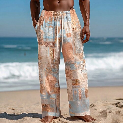 Herren Boho Patchwork Komplizierte Blumen Hose Freizeithose Baggy-Hosen Mittlere Taille Ethnisch Vintage-Retro Heim Outdoor Urlaub Seitentaschen Weites Bein Elastischer Kordelzug in der Taille Sommer Image