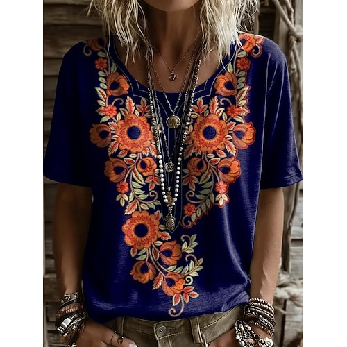 Damen T Shirt Druck Blumen Grafik Geometrisch Vintage Stilvoll Lässig Kurzarm V Ausschnitt Lange Oberteile Lässig Täglich Wochenende Blau Violett / Blau Schwarz Gelb Wein Sommer Frühling Image