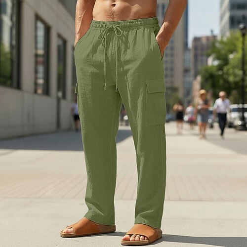 Herren Cargo-Hosen Hose Sommerhose Strandhose Gaze-Hosen Kordelzug Elastischer Bund Mehrere Taschen Einfarbig Einfach Komfort Weich Volle Länge Täglich Outdoor Ferien Urlaub Mode Schwarz Weiß Image