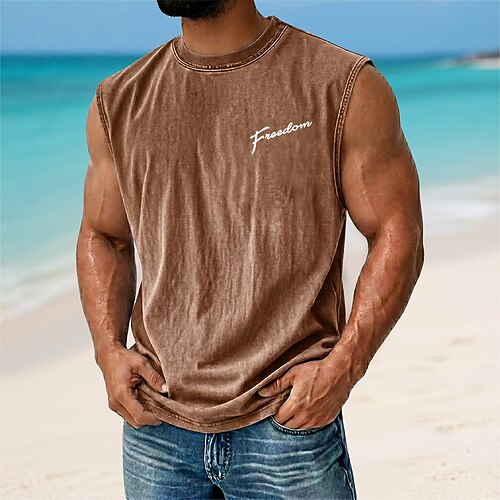 Herren FREEDOM Weste Acid-Washed-T-Shirt Unterhemd Ärmellos T-Shirt Grafikdruck Rundhalsausschnitt Hemd Urlaub Tropisch Mode Täglich Urlaub Strände Schwarz Braun Grün Frühling Sommer Bekleidung S M Image