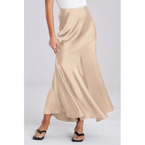 Damen Satinröcke Elegant Maxi Hohe Taille Röcke Einfarbig Patchwork Unelastisch Urlaub Dunkelgrün Schwarz Champagner Sommer Image