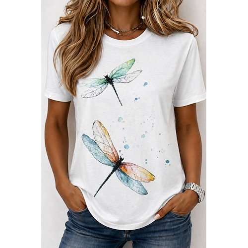 Damen T Shirt Druck Grafik Tiermotiv Pflanzen Vintage Stilvoll Klassisch Kurzarm Rundhalsausschnitt Rundhals Lange Oberteile Lässig Täglich Wochenende Weiss - Grün Grün und Blau Weiß Sommer Frühling Image