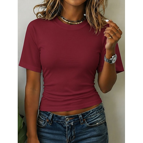Damen T Shirt T-Shirt Gerafft Einfarbig Einfach Mode Stilvoll Klassisch Kurzarm Rundhalsausschnitt Rundhals Crop Tops Lässig Täglich Ausgehen Schwarz Weiß Rosa Wein Leicht Blau Sommer Frühling Image