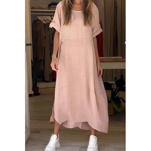 Damen Midikleid Shiftkleid Freizeitkleid Sommerkleid Basic Klassisch Täglich Urlaub Lässiger Schnitt Einfach Kurzarm Rundhalsausschnitt Rosa Rote Grün Aprikose Sommer Frühling Image