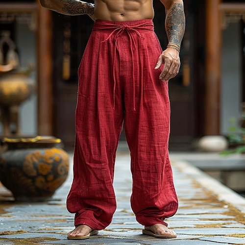 Herren Hose aus Baumwollleinen Hose Sommerhose Baggy-Hosen Strandhose Kordelzug Elastischer Bund Einfarbig Einfach Komfort Atmungsaktiv Täglich Outdoor Strand Urlaub Mode Rote Unelastisch Image