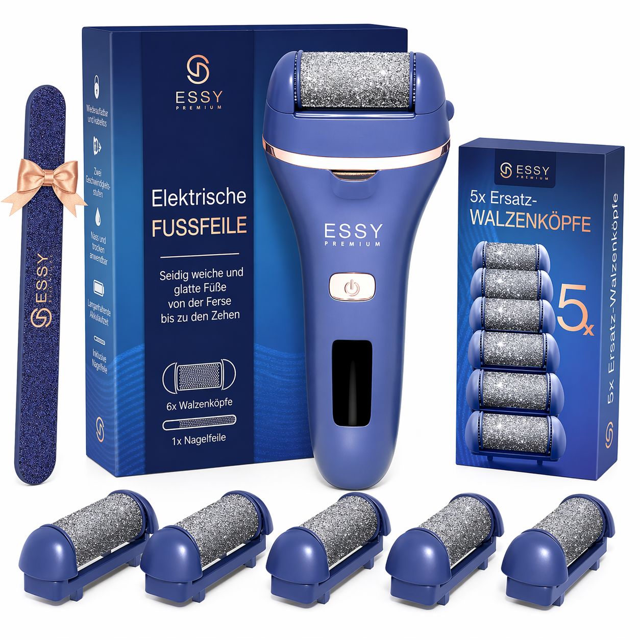 Rimuovi calli elettrico Essy con 5 rulli di ricambio – Blu 1 St