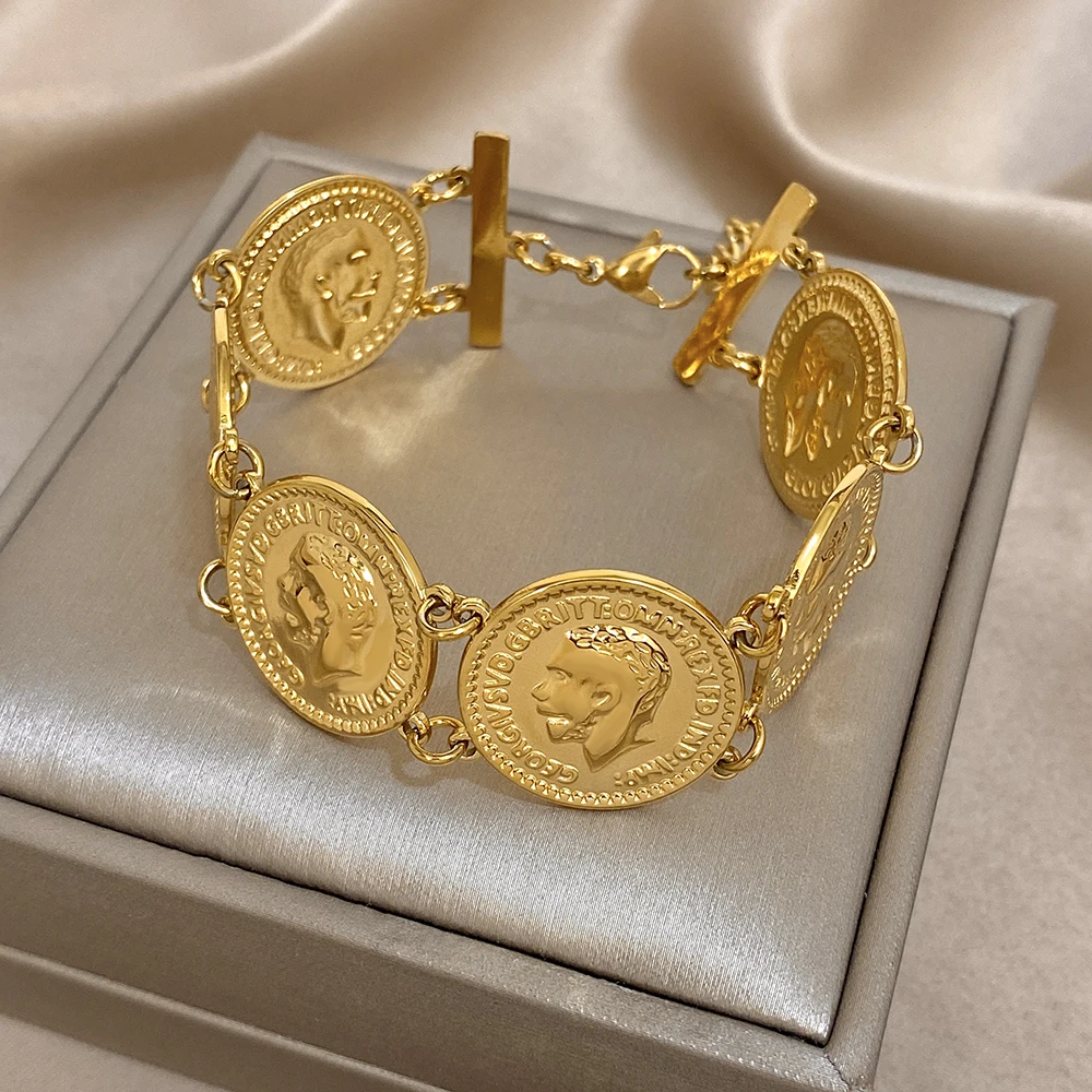 Trendiges vergoldetes Edelstahl-Münzen-Armband für Damen und Herren, klassische ethnische breite Manschettenarmbänder, wasserdichter Schmuck Image