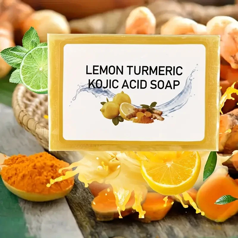 100 g Zitronen-Kurkuma-Kojisäure-Seife, handgemachte Gesichtsreinigungsseife zum Baden, Feuchtigkeitsspendend und Peeling Image