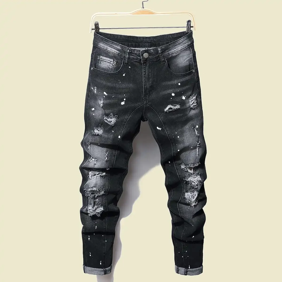 Männer schwarz Skinny Denim Spot Jeans männlich zerrissen Stretch Fit Jeans Männer schlanke Hose passen lange Jeans Hosen Streetwear Casual Jeans