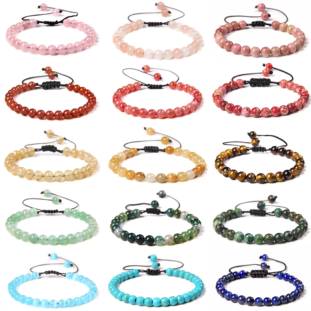 Natürliche Stein 6mm Perlen Armband Einstellbare Seil String Geflochtene Armbänder Für Frauen Männer Amethysten Rote Achate Lava Perlen armreifen Image