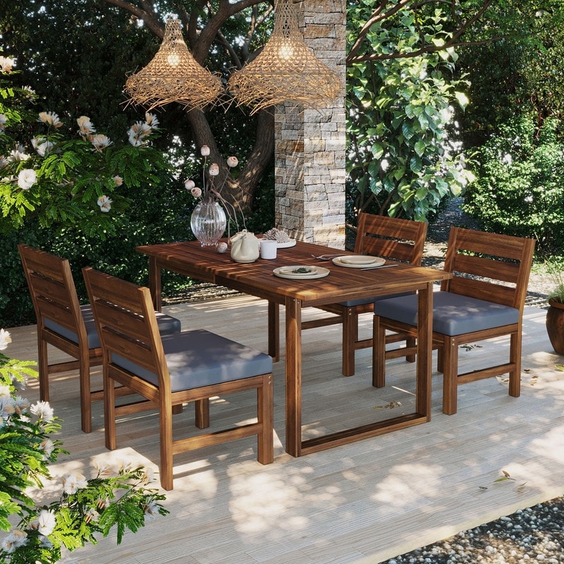 Farmhouse 4 - Person Acacia Wood Outdoor Dining Set with Adjustable Legs for Backyard, Garden, Poolside