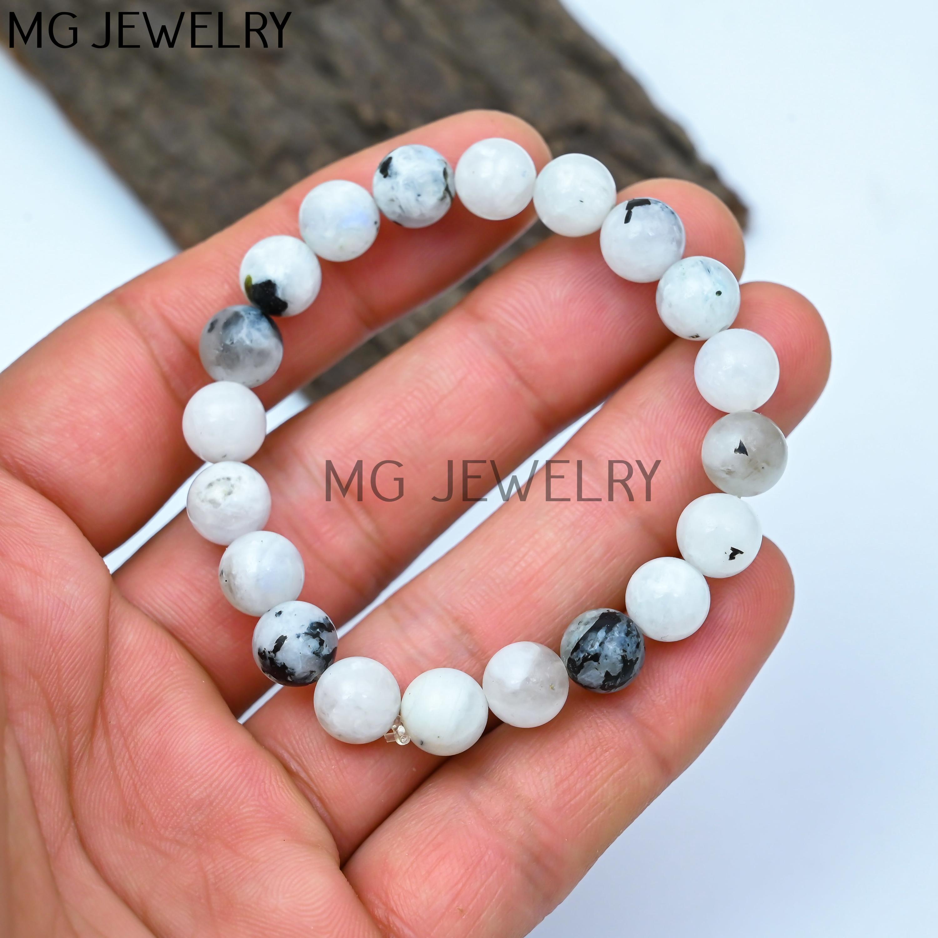 Bracciale con perline di pietra di luna, bracciali con perline di pietra preziosa di luna, bracciale con perline rotonde elastiche da 8 mm, bracciali