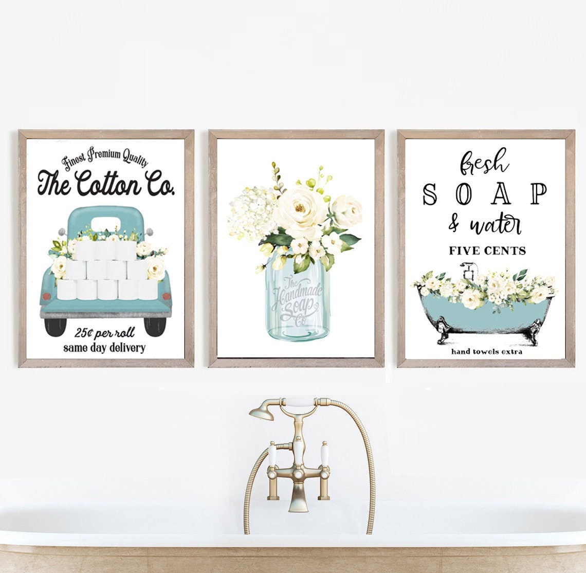 Set di 3 decorazioni da parete per bagno con camion Blue Cotton Co / Decorazioni da parete per bagno in stile fattoria vintage / Stampa, stampa incorn