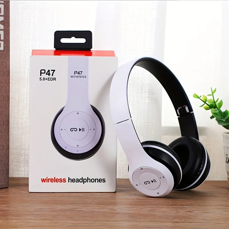 P47 bluetooth 5,0 kabelloser kopfhörer faltbarer hifi stereo bass kopfhörer kinder helm geschenk mit mikrofon usb adapter für iphone spiel Image