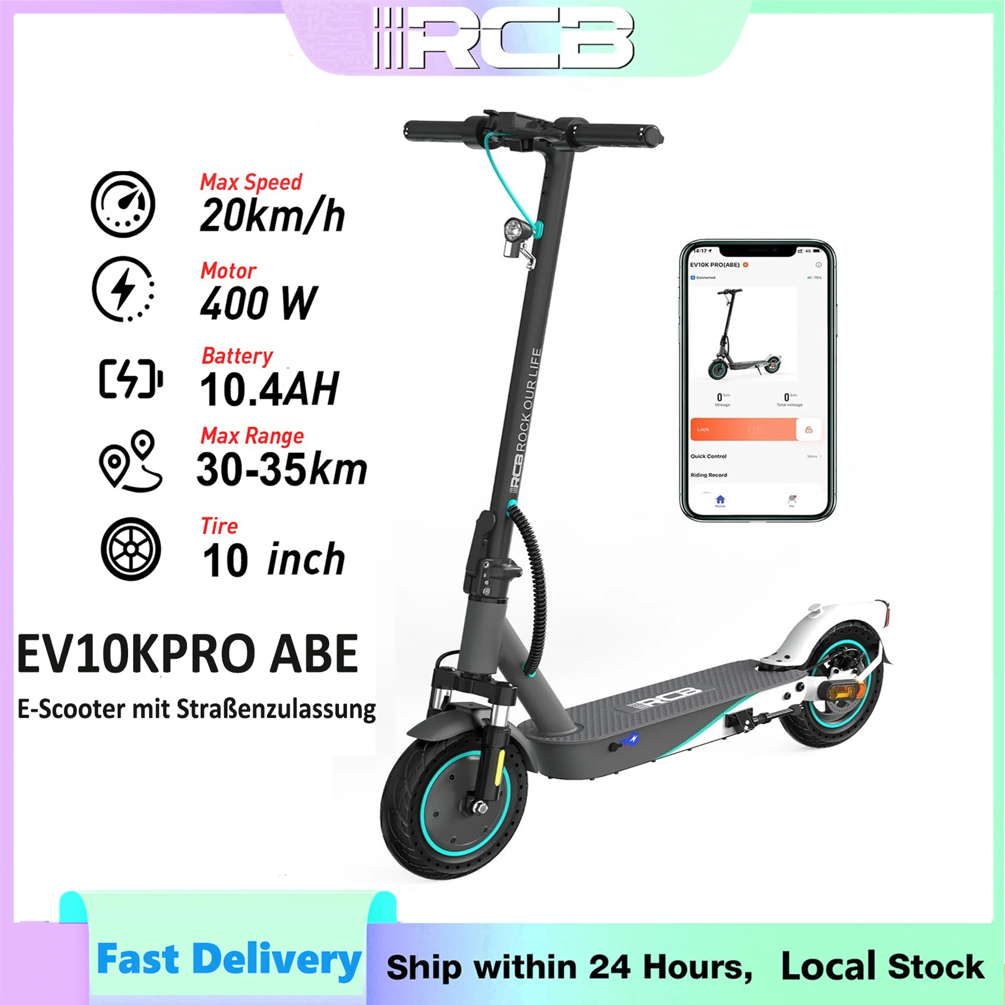 RCB EV10K PRO E-Scooter mit ABE Straßenzulassung 400W Motor 10.4Ah Akku 30-35km Reichweite APP Steuerung faltbarer Elektroroller Image