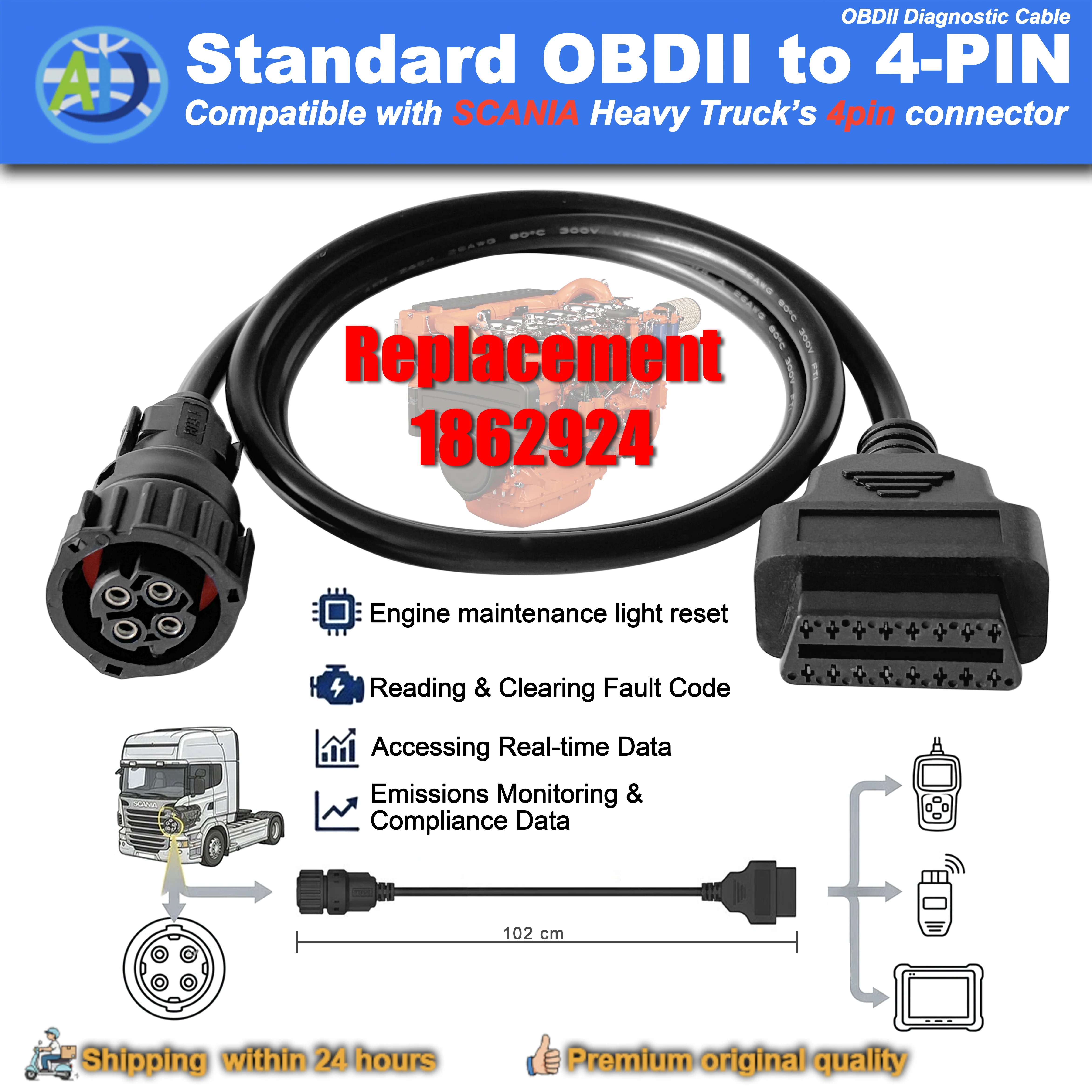 1862924 Ersatz für Scania 4-Pin OBDII Diagnosekabel Industrie-/Schiffsmotor-Diagnoseanschluss OBD2 Verlängerungsadapter Image