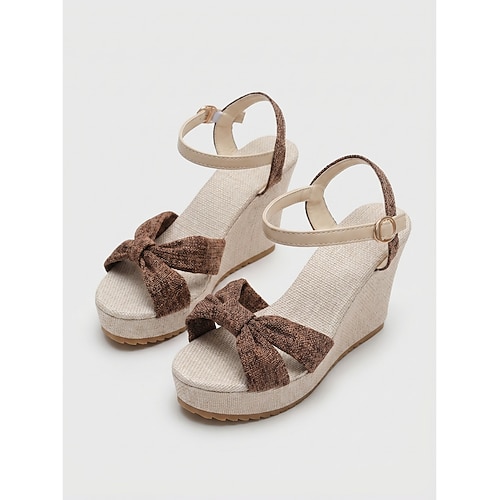 Braune Leinen-Keilsandalen für Damen – Boho-Plateausandalen mit Schleife und Knöchelriemen, ideal für Urlaub im Freien und sommerliche Gartenpartys. tropische Resortbekleidung Image