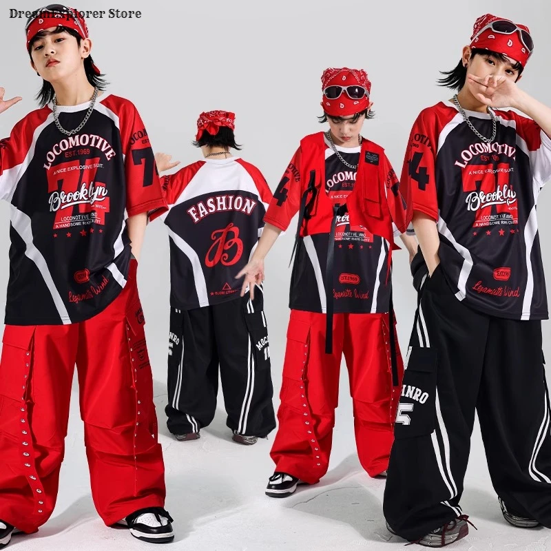 Hip Hop Jungen Kontrast T-shirt Rote Weste Cargo Hosen Mädchen K-pop Street Dance Kleidung Sets Kinder Jazz Kostüme kinder Streetwear