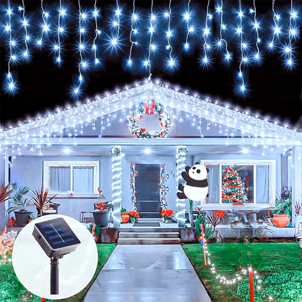 Solar-Vorhang, Eiszapfen-Lichter, Outdoor-Traufe, Dekoration, Lichter, 8 Beleuchtungsmodi, Hochzeit, Weihnachten, Party, Garten, Lichterkette Image
