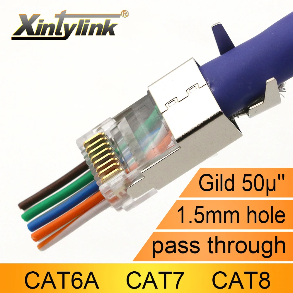Xintylink neue CAT8 CAT7 CAT6A rj45 stecker 50U RJ 45 ethernet kabel stecker netzwerk SFTP FTP geschirmt 1,5mm loch pass durch Image