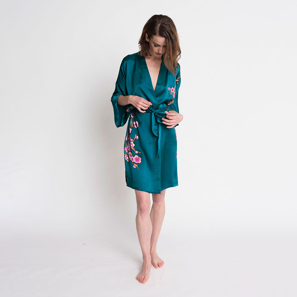 KIM+ONO Kimono Robe | Silk Handpainted Cherry Blossom Short Kimono Robe | Silk | Teal | Short