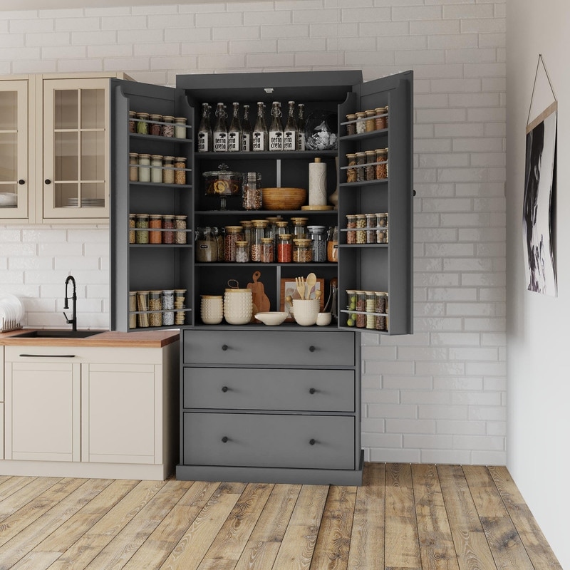 77 Inch Farmhouse Kitchen Pantry Storage Cabinet with 3 Adjustable Shelves, 8 Door Shelves and 3 Drawers for Kitchen Dining Room